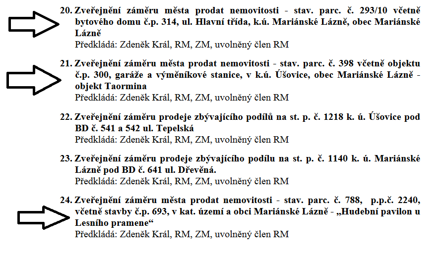 Tisky předložené radním Králem k prodeji nemovitostí v ML